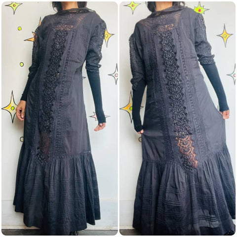 Antique Cotton Lingerie Dress - Late 1900s – Early 1910s Black Lace Goth