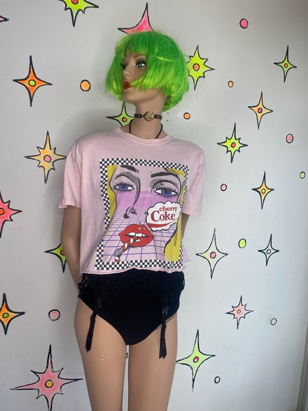 Pink Cherry Coke Crop Top Y2K Pop Art Graphic Tee Retro Coca Cola Shirt L