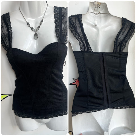 Vintage 90s Y2K | Black Lace Corset Bustier Indie Sleaze Mall Goth Punk Top | S