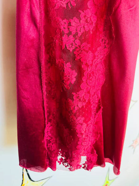 Vintage 70s Burgundy Lace Fairy Grunge Boho Grunge Mini Lingerie Slip Dress M