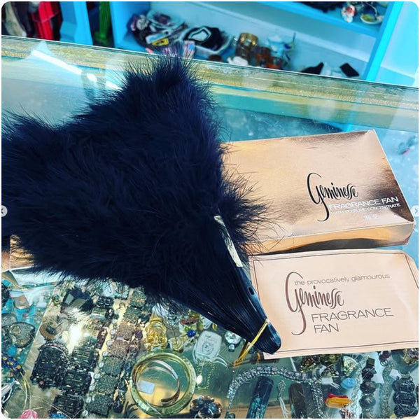 Vintage Geminesse Black Fragrance Feather Boudoir Fan - Original Packaging