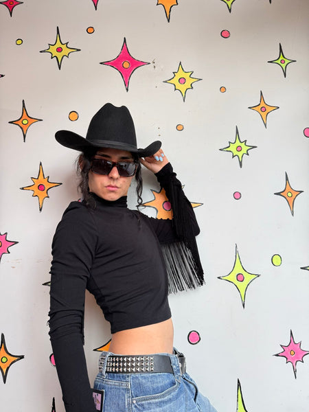 Cowboycore Black Cropped Turtleneck w/ Fringe Goth Western Glam S/M