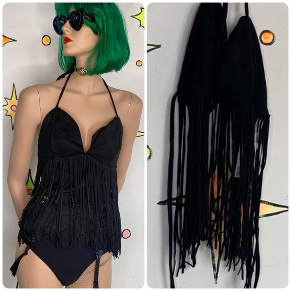 Y2K Faux Suede Western Cowgirl Goth Fringe Top Black Halter Grunge Biker Glam M