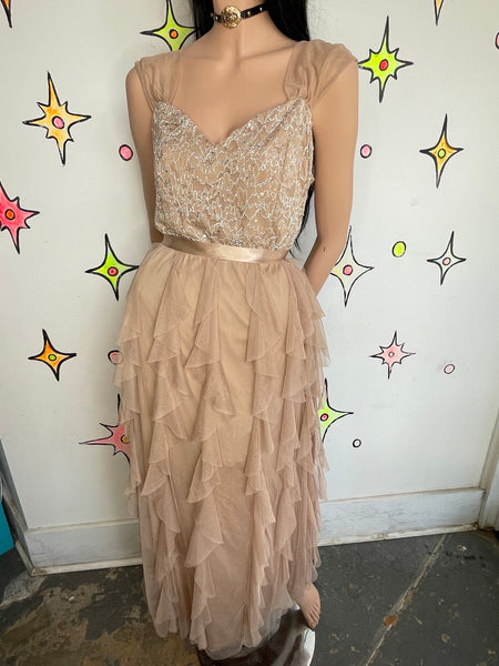 Y2K Lace Rhinestone Formal Dress Chiffon Tiered Ruffle Maxi Fairy Grunge Prom M
