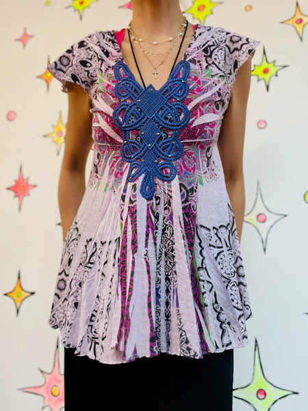 Vintage Y2K Purple Boho Grunge Fairy Crochet Embellished Tattoo Tee - Size M