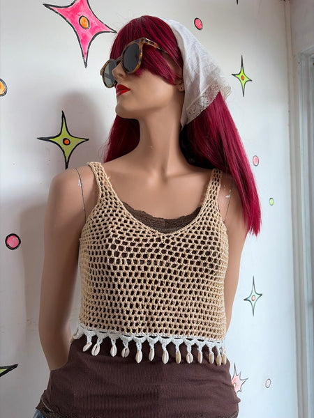 90s Beige Crochet Mermaidcore Crop Top Embellished Shells Fairy Grunge Boho S