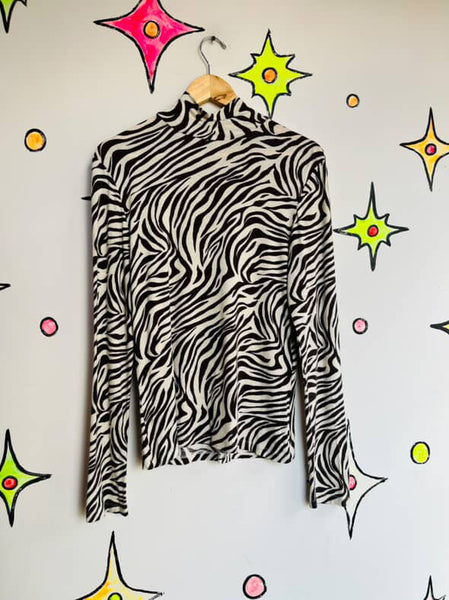 Vintage 80s 90s Zebra Striped Turtleneck | Glam Grunge Stretch Top | Size S
