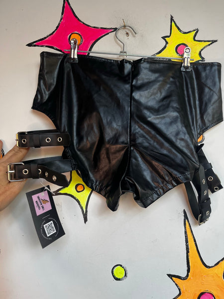 Y2K Vegan Leather Goth Shorts Punk Strappy Cyber Grunge Wasteland Clubwear XL