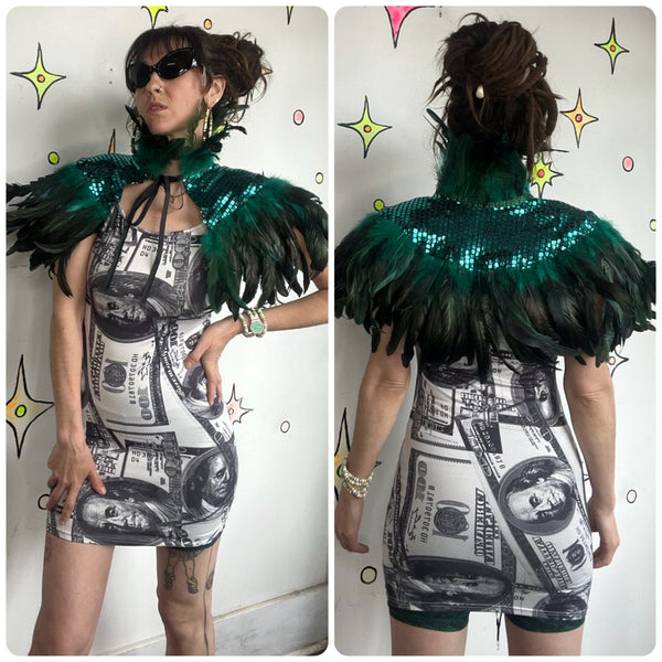 Y2K Metallic Emerald Feather Cape Glam Costume Statement Piece