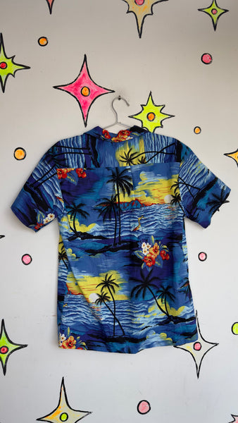 Blue Hawaiian Aloha Shirt Vintage Tiki Party Button Up Tropical Shirt SM