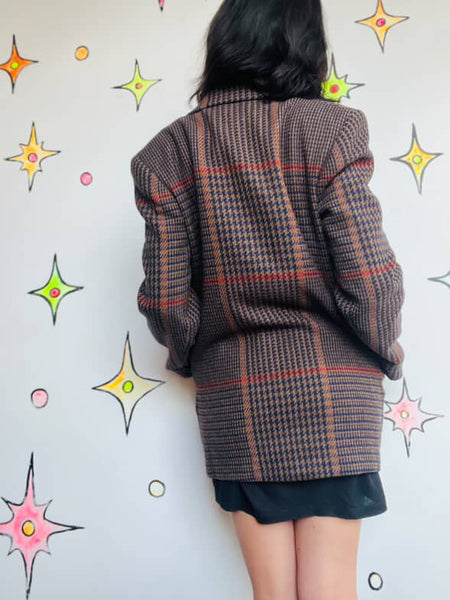 Vintage 80s Brown Houndstooth Blazer Jones New York Wool Look Classic Jacket - 6