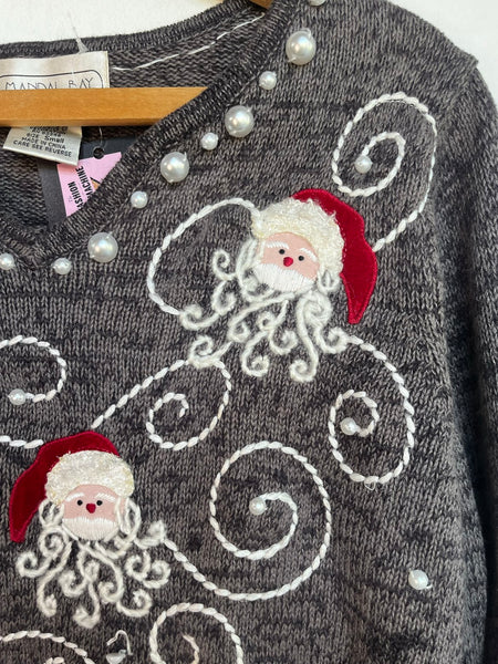 Vintage Santa Christmas Sweater | Ugly Tacky Beaded Holiday Pullover Small