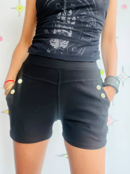 Y2K Black Sailor Shorts with Gold Buttons – Pirate Boho Grunge Goth – Size 2