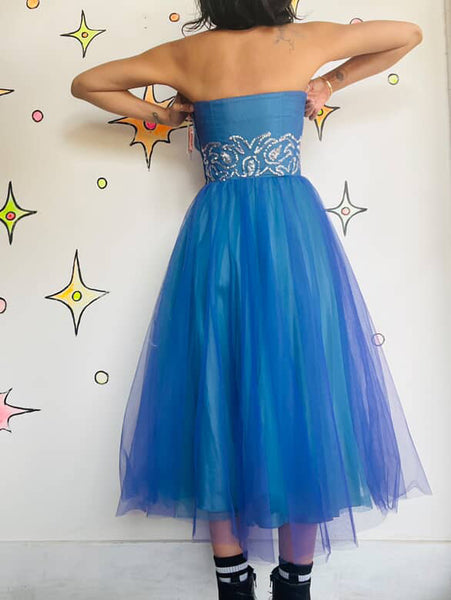 Vintage 50s Blue Tulle Fit & Flare Halter Party Dress Fairy Princess Prom Gown S