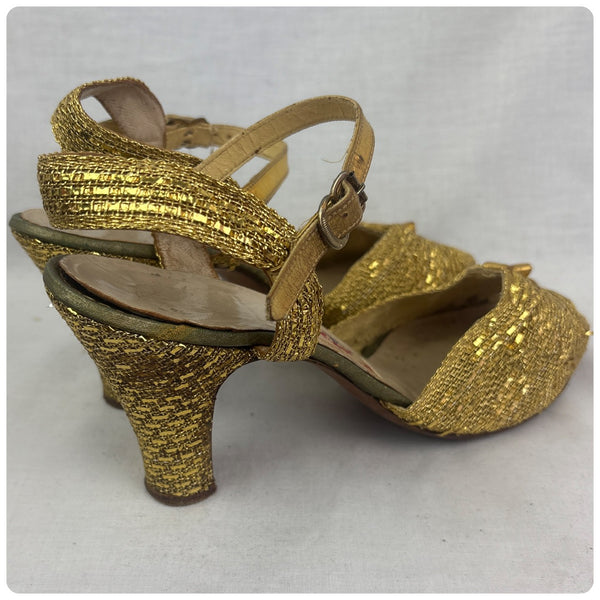 1930s Art Deco Strappy Metallic Gold Lame Woven Peep Toe Heels US Size 7
