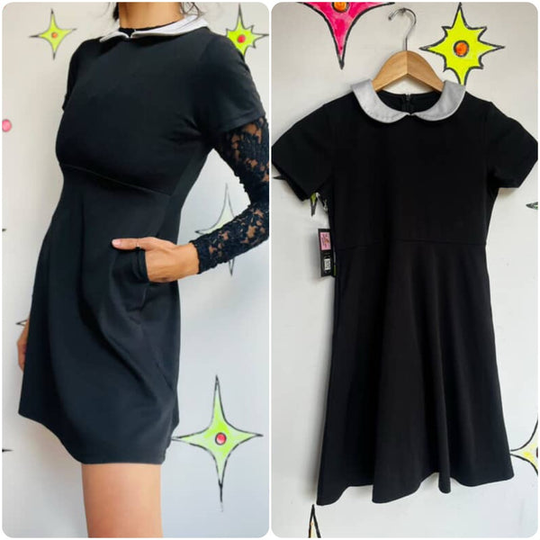 Wednesday Adams Babydoll Black Mini Dress - Peter Pan Collar - XS