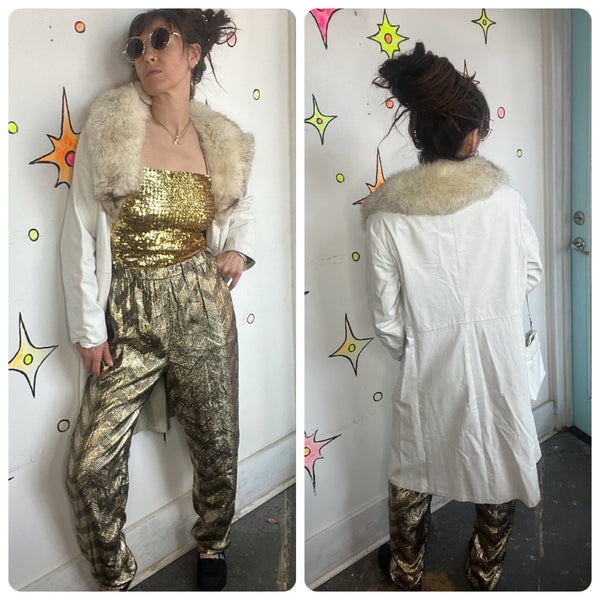 Vintage 70s White Leather Trench Coat Fur Collar Penny Lane Rockstar L