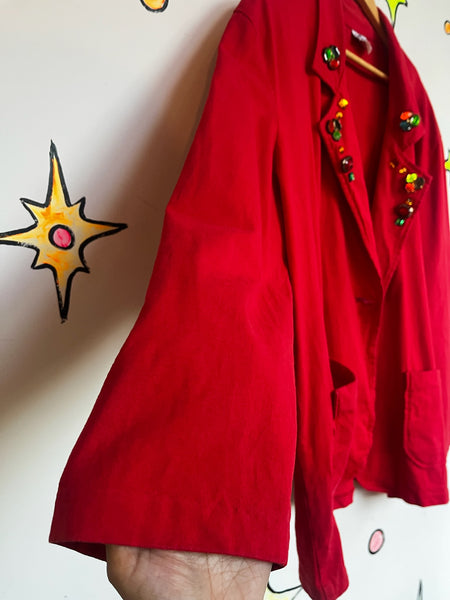 Vintage 80s Cherry Red Christmas Holiday Party Blazer - Glam Bedazzled - XL+