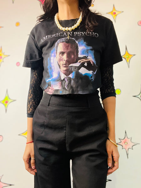 Y2K Cut Off Cropped American Psycho Graphic Tee - Cult Film Horror Shirt - Small
