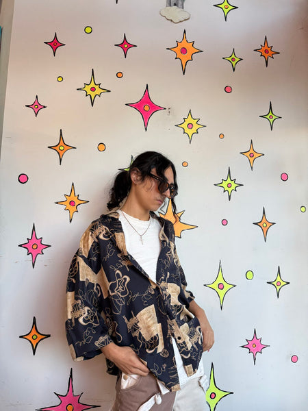Vintage 90s Abstract Silk Shirt | Artsy Whimsy Goth Wearable Art Button Up L