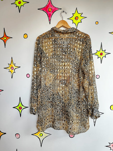 Vintage 90s Y2K Leopard Patchwork Sheer Blouse – Boho Grunge Glam Button-Up - XL