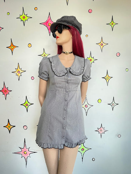 Houndstooth Babydoll Mini Dress Big Collar Preppy Dark Academia Mall Goth S