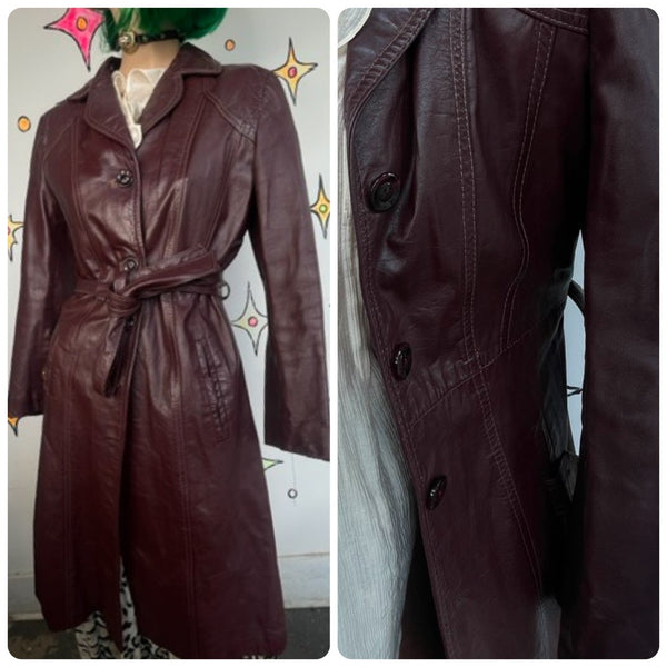 Vintage 70s Cherry Brown Leather Trench Coat Boho Grunge As-Is Distressed M/L