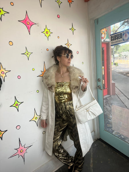 Vintage 70s White Leather Trench Coat Fur Collar Penny Lane Rockstar L