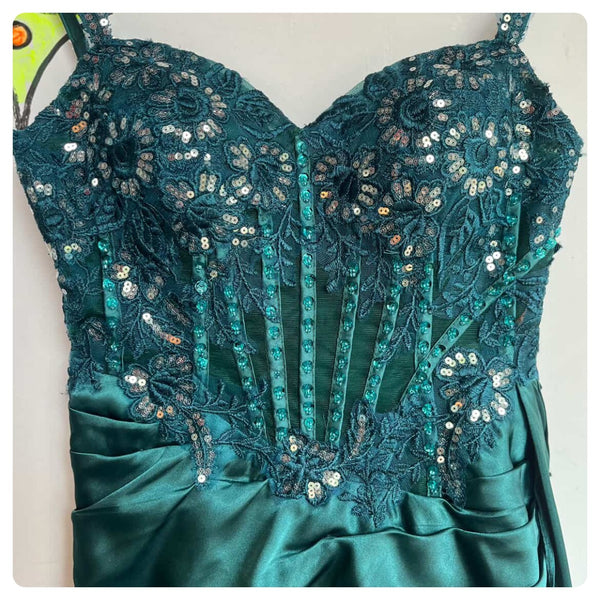 Y2K Teal Mermaid Formal Gown - Adjustable Corset Back Silky Prom Dress Sz 3/4