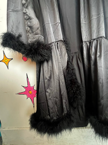 Black Feather Trim Decadent Robe Pin Up Boudoir Lingerie Old Hollywood Glam