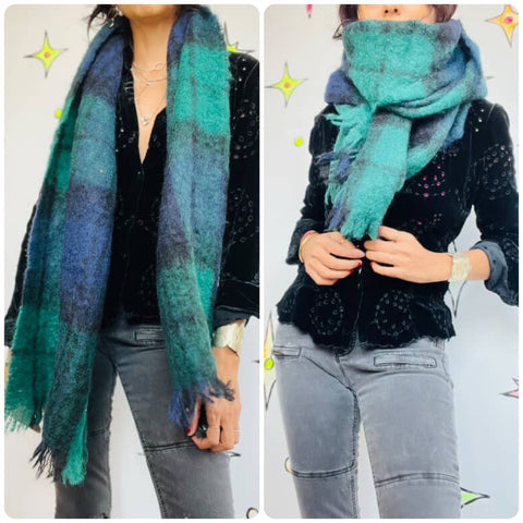 Vintage Fuzzy Tartan Scarf Navy & Green Emo Grunge Mohair Wool Oversized Wrap