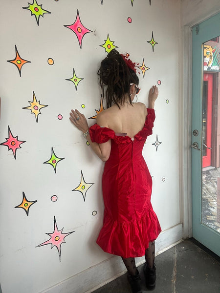 Vintage 80s Shiny Red Poofy Party Dress Prom Wild Glam New Wave Formal M