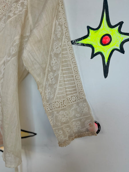 Antique 1900s Off White Sheer Lace Romantic Babydoll Steampunk Top Blouse XS