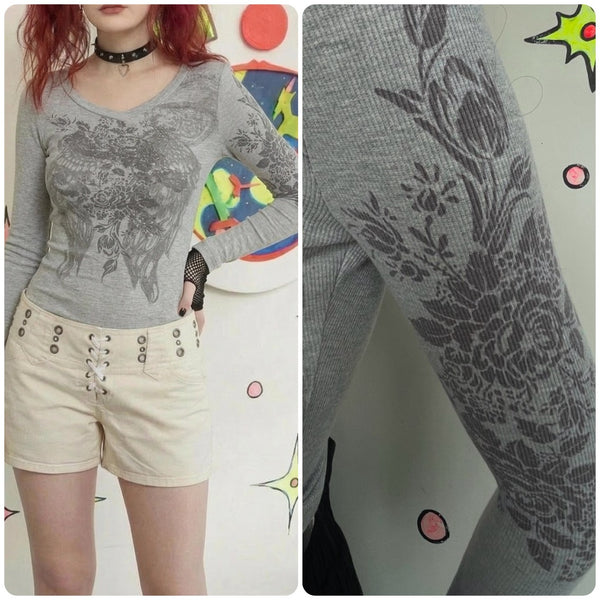 Y2K Long Sleeve Baby Tee Tattoo Print Fairy Grunge Graphic Cyber Streetwear S