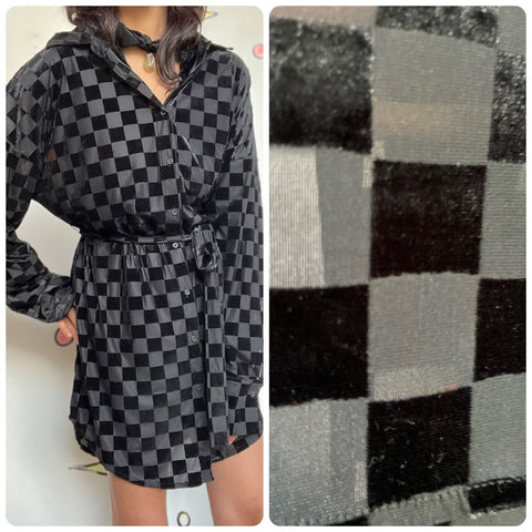 Vintage 90s | Sheer Black Checkered Velvet Burnout Goth Shirt Dress | Size L