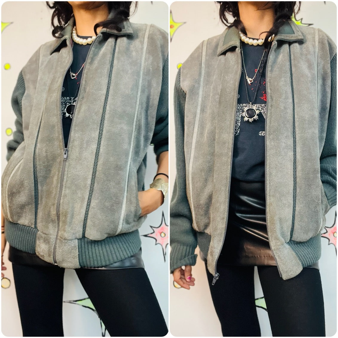 Vintage 90s Gray Suede Leather Bomber Sweater Moto Jacket - Retro Grunge - L