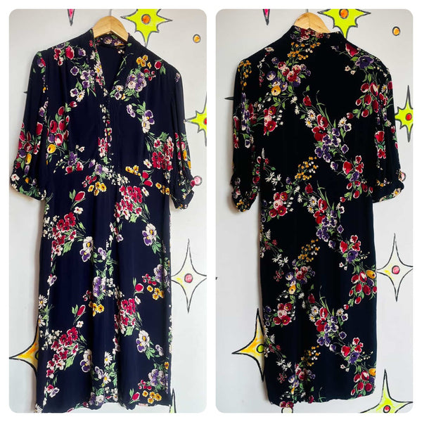 1940s Navy Floral Print Secretary Dress Stunning True Vintage Boho Grunge - M L