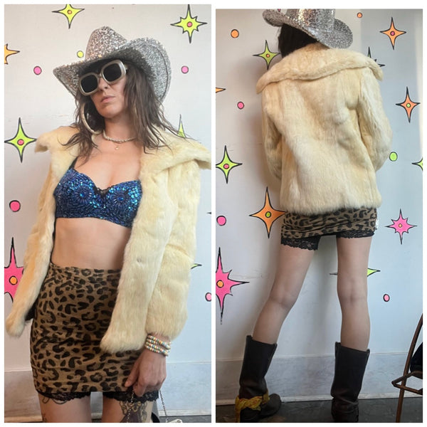 Vintage Rabbit Fur Jacket | Cream Old Money Luxe Glam Fur Coat XS S