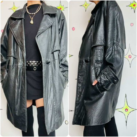 Vintage 80s 90s Black Leather Trench Coat | Goth Grunge Matrix Style | Small