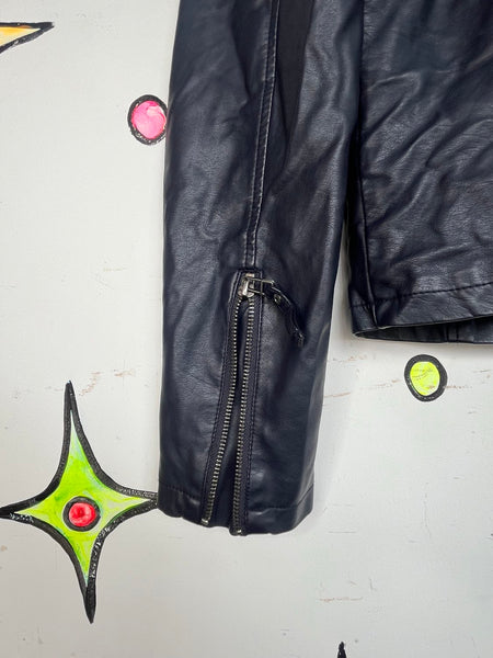 Vintage Y2K Navy Vegan Leather Moto Jacket Glam Grunge Rocker - M
