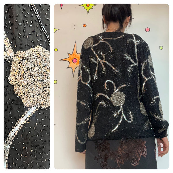 Vintage 80s/90s Black Beaded Blazer Silver Sequins Boho Glam Saks Fifth Avenue L