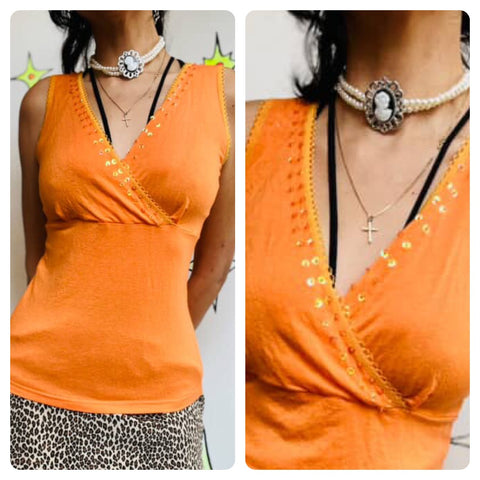 Y2K Orange Fairy Grunge Tee - Beaded Sparkle Fitted Tank Top - Vintage Boho S M