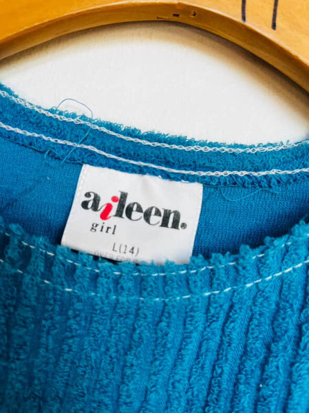 Vintage 70s 80s Blue Retro Ribbed Terrycloth Top – Soft Cozy Knit XS