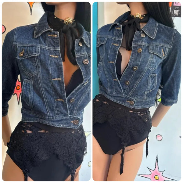 Cropped Y2K Denim Moto Indie Sleaze Emo Grunge Jean Jacket Vintage - S