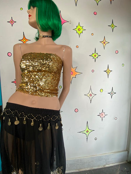 Black and Gold Asymmetrical Chainmail Skirt Coin Sheer Belly Dance S