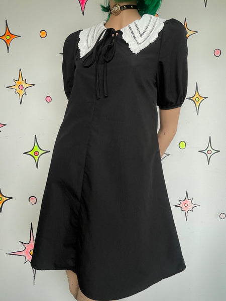 Black Wednesday Addams Dress White Lace Collar Lolita Babydoll Goth Schoolgirl M