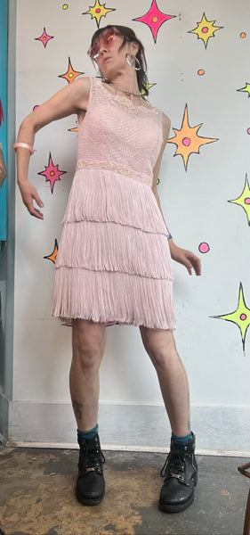 Pink Silk Beaded Fringe Gatsby 1920s Revival Flapper Art Deco Party Dress S