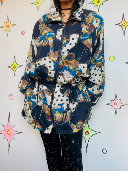 Vintage 90s Boho Grunge Wearable Art Silk Windbreaker Bomber Jacket | Size M