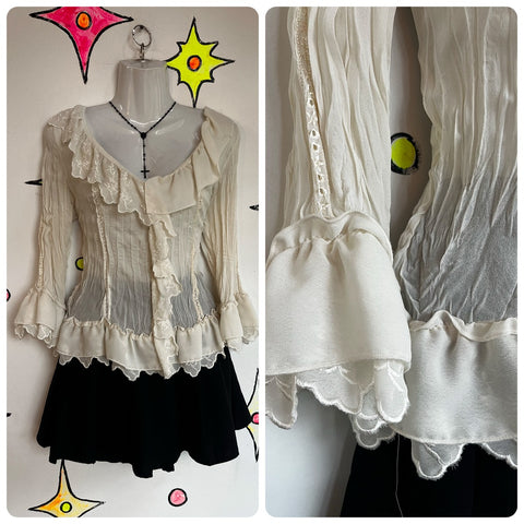 Vintage 90s Y2K White Ruffle Neck Fairy Grunge Victorian Steampunk Blouse Top