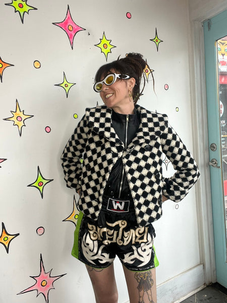 Y2K Black & White Vegan Fur Crop Coat Harlequin Clowncore Glam 60s Style - S